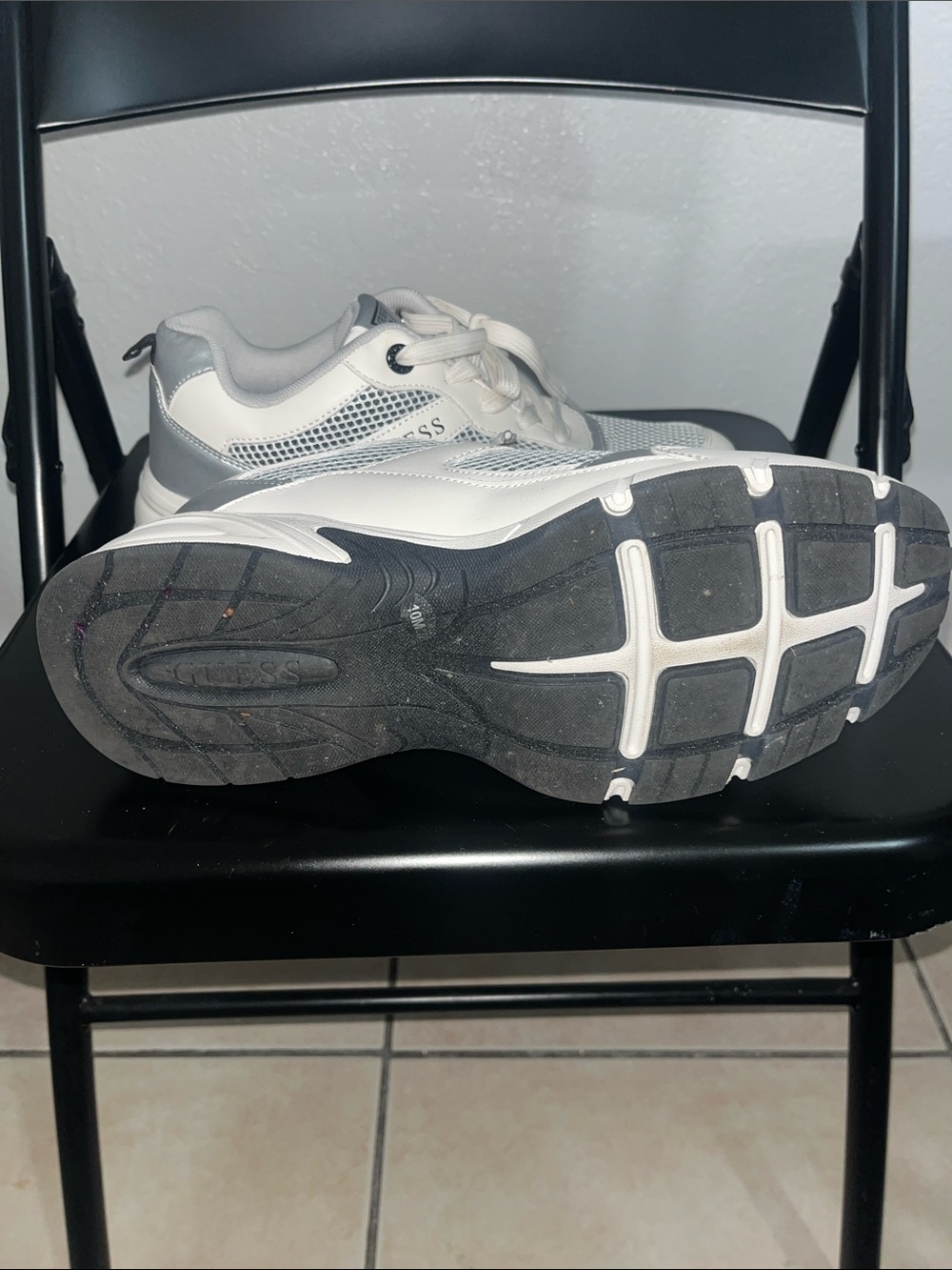 GUESS White and Silver Women's Chunky Lace-Up Sneakers - Picture 5 of 6
